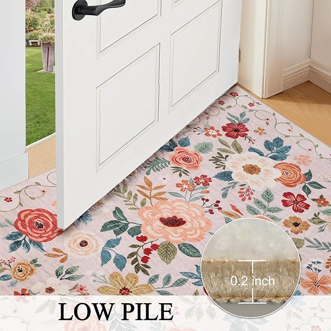 DUKINO 2x10 Runner Rug for Hallway, Washable Kitchen Runner Rug with Non Slip Backing, Low Pile Soft Boho Floral Carpet Carpet for Kitchen, Hallway, Entryway, Laundry, Bedroom, Beige