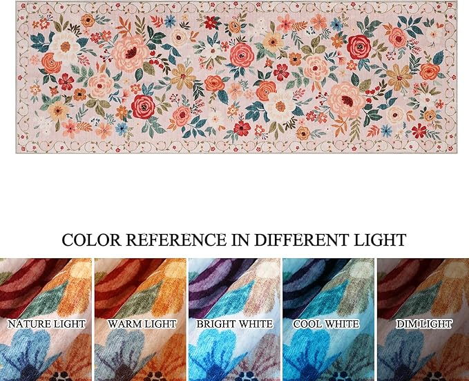 DUKINO Runner Rug, 2.6x8 Kitchen Runner Rug for Hallway with Non Slip Backing, Washable Low Pile Soft Boho Floral Carpet for Hallway, Kitchen, Entryway, Laundry, Bedroom, Beige