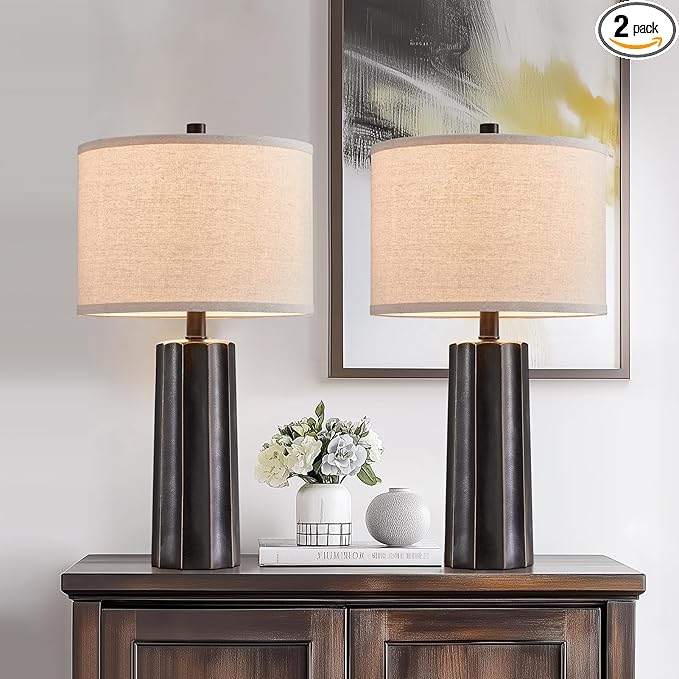 RORIANO Set of 2 Vintage Table Lamps for Bedroom Living Room, 24'' Traditional Farmhouse Resin Desk Lamps Rustic Modern Nightstand Bedside Lamps for Home Office Entryway, 2 Bulbs Included (Black)