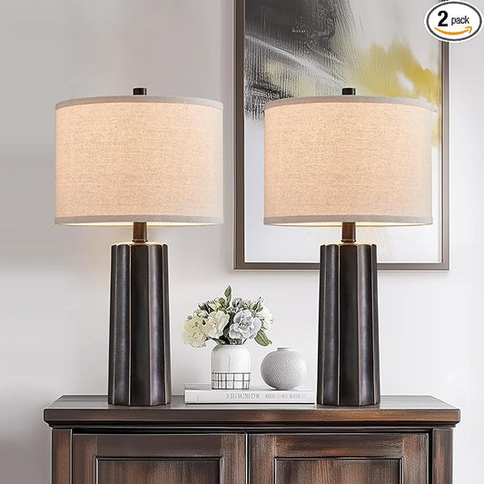 RORIANO Set of 2 Vintage Table Lamps for Bedroom Living Room, 24'' Traditional Farmhouse Resin Desk Lamps Rustic Modern Nightstand Bedside Lamps for Home Office Entryway, 2 Bulbs Included (Black)