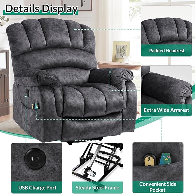 VIVIJASON Large Power Lift Recliner Chair with Heat & Massage for Elderly Big People, Overstuffed Wide Electric Lift Chair with Extended Footrest, 2 Remote Controls, Side Pockets & USB Ports, Gray