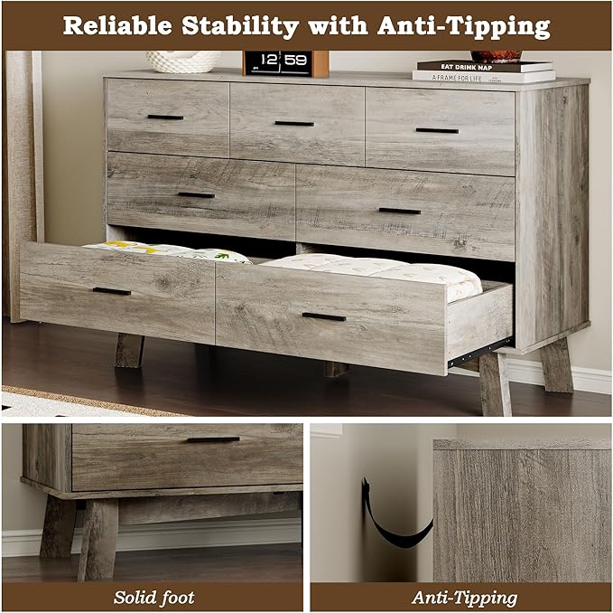 Dresser for Bedroom with 7-Drawer, 47.2" Wide Modern Chest of Drawers with Metal Handles, X-Shape Base & Adjustable Center Leg, Anti-Tip Closet Organizers and Storage