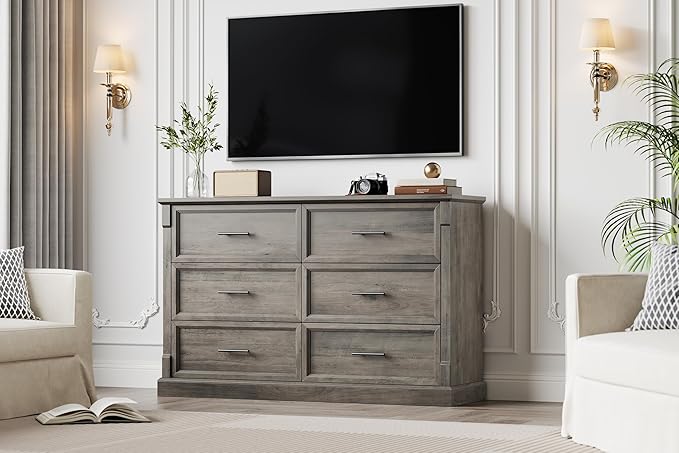 GAOMON Grey 6 Drawer Dresser for Bedroom, Farmhouse 47.2" Wide Chest of Drawers with Metal Handles, Rustic Double Wood Dresser, Storage Dressers Organizer for Living Room, Nursery