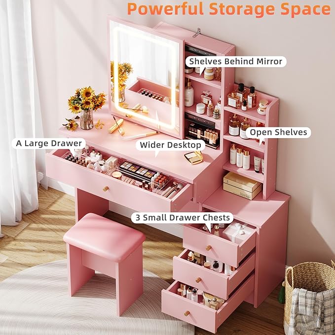 Vanity Desk with Mirror and Lights, Makeup Vanity with 3 Adjustable Lighting Modes, Small Vanity Desk with Sliding Mirror, 4 Drawers, 7 Shelves, Vanity Chair for Bedroom, Pink