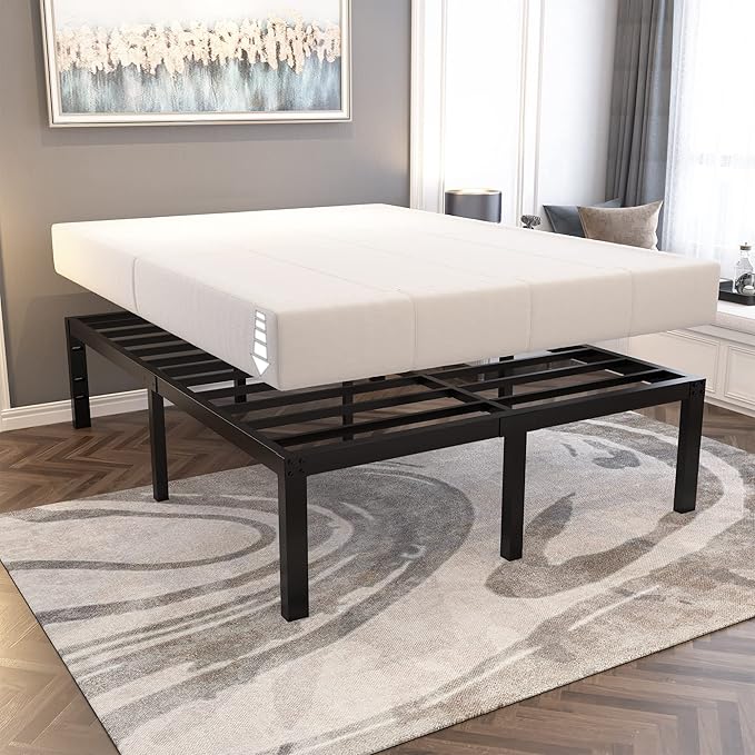 18 Inch Tall and Strong Platform Metal Bed Frame/Easy Assembly Mattress Foundation/ 4000lbs Heavy Duty Frame with Steel Slat Support/No Noise/No Box Spring Needed,Cal King