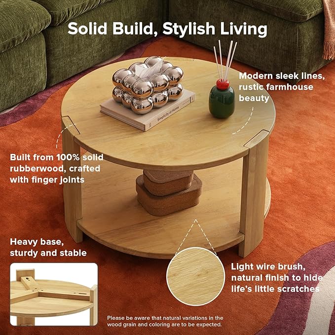 mopio Logan Solid Wood 2-Tier Round Coffee Table, Modern Farmhouse Solid Rubberwood with Light Wire Brush Rectangle Shaped Leg