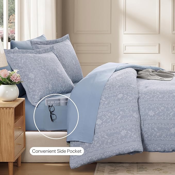 King Comforter Set -7 Pieces Blue Floral Comforter Set for All Seasons, Bed in a Bag King with Botanical Flowers Comforter, Sheets, Pillowcases & Shams