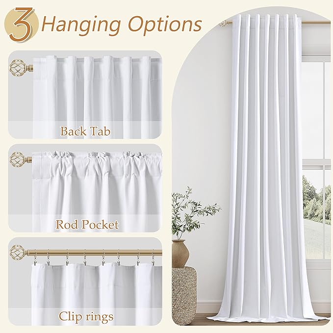 Guken White Linen Blackout Curtains 96 Inch Length 2 Panels Set for Living Room Bedroom Back Tab Thermal Insulated 100% Black Out Linen Drapes Room Darkening Window Curtains 96 Inches Long White