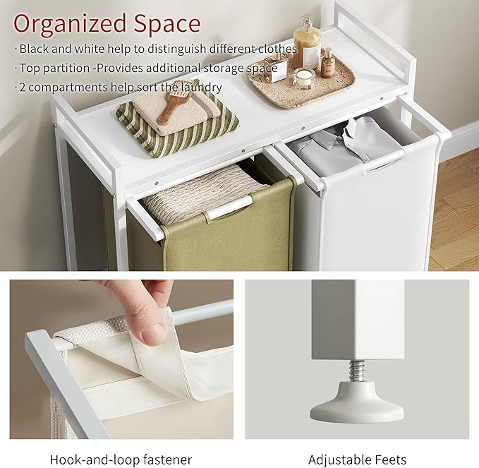 Laundry Hamper with Shelf, Laundry Basket 2 Section, Laundry Sorter with Pull-Out Removable Large 2 Color Bags and Movable, Metal Frame, 2 x 15.87 Gallons (60L), White PF06XLE