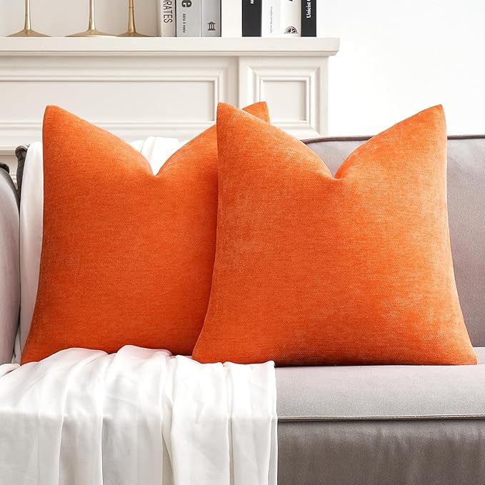 MIULEE Pack of 2 Bright Orange Decorative Fall Pillow Covers 20x20 Inch Soft Chenille Couch Throw Pillows Farmhouse Cushion Covers for Home Decor Sofa Bedroom Living Room
