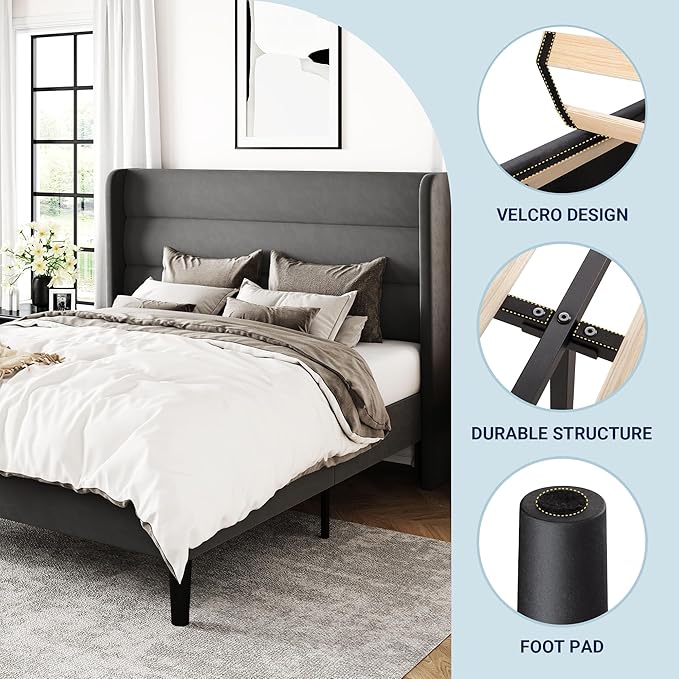 Allewie Queen Size Platform Bed Frame with Velvet Upholstered Wingback Headboard, No Box Spring Needed, Under Bed Storage Space, Strong Wooden Slats, Modern Mattress Foundation, Easy Assembly, Grey