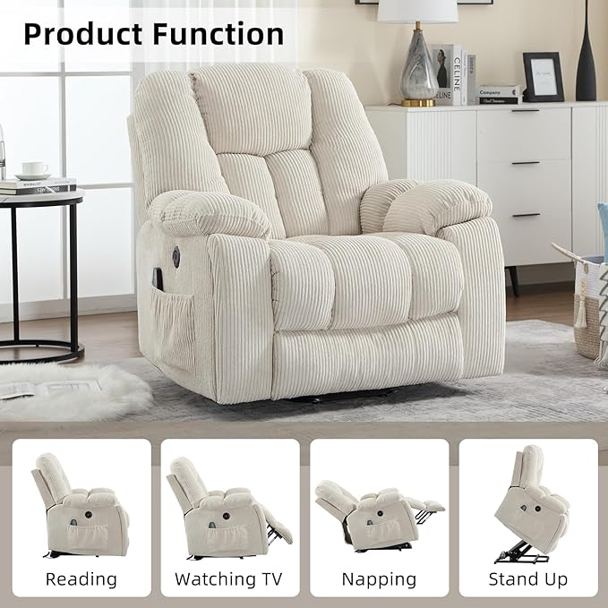 CANMOV Power Lift Recliner Chair with Massage and Heat for Elderly, Overstuffed Wide Recliners, Heavy Duty and Safety Motion Reclining Mechanism with USB Ports, 2 Concealed Cup Holders, Beige