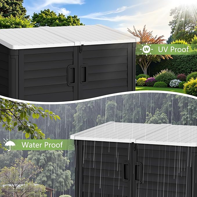 Greesum Outdoor Resin Storage Shed, 34 Cu.ft Horizontal Outdoor Storage Box Waterproof for Garden, Pool Storage, Garbage Cans, Black