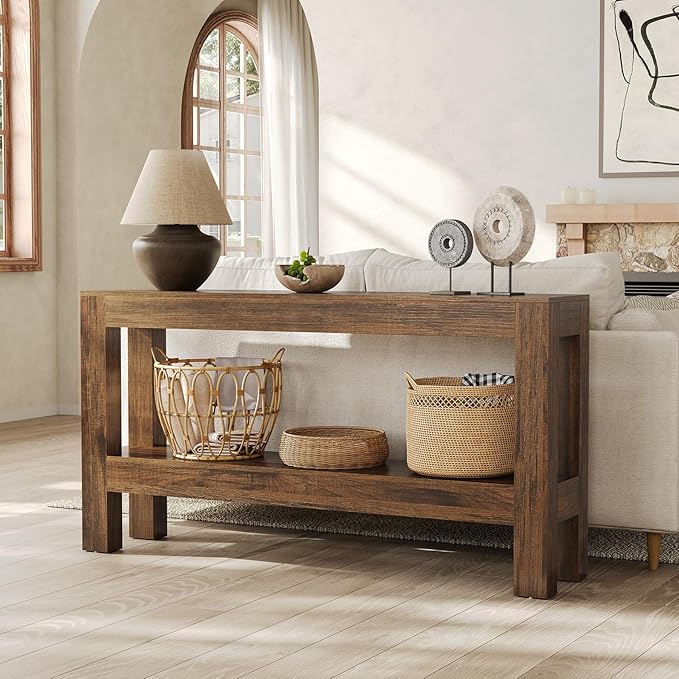 LITTLE TREE 63-Inch Narrow Long Console Table for Living Room, Farmhouse Wood Entryway Table for Hallway, Sofa, Entry, Entrance, Foyer, Behind Couch with 2-Tier Shelves, Brown
