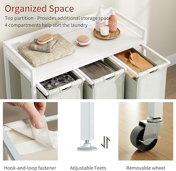 Laundry Hamper with Shelf, Laundry Basket 3 Section, Laundry Sorter with Pull-Out Removable Large Bags and Movable Wheels, Metal Frame, 3 x 15.87 Gallons (60L), White PF04XLW