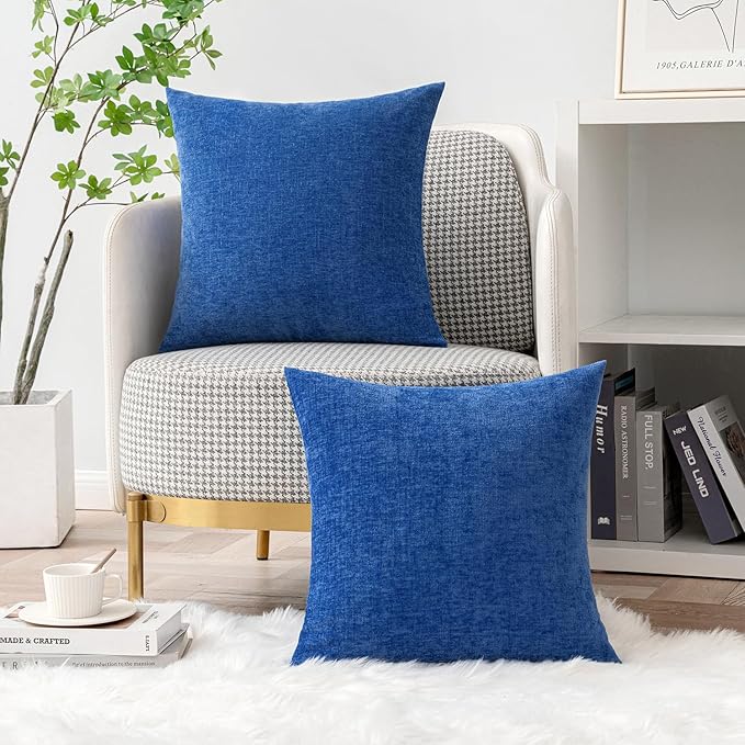 MIULEE Pack of 2 Couch Throw Pillow Covers 16x16 Inch Soft Royal Blue Chenille Pillow Covers for Sofa Living Room Solid Dyed Pillow Cases