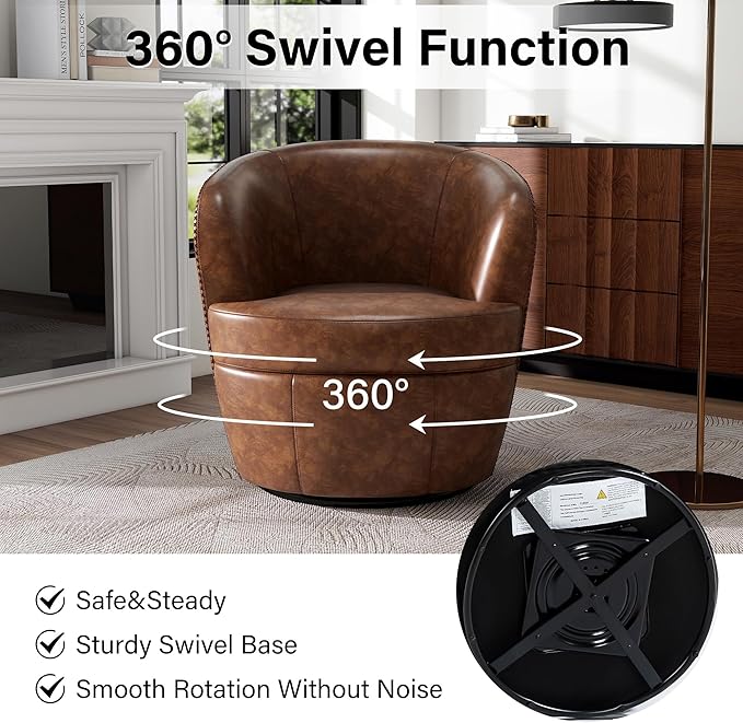 Swivel Barrel Chair, Modern Round PU Leather Accent Armchair for Living Room, Bedroom, Comfy Club Reading Chairs for Adults (Leather Coffee, Set of 2)