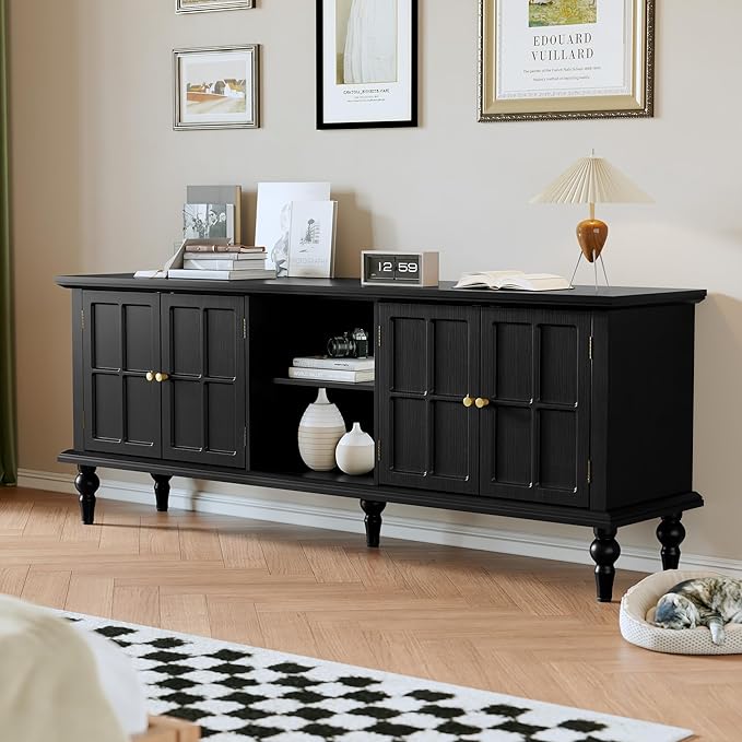 3More 67" Mid Century Modern TV Stand with Window Design,Wood Entertainment Center with Open Shelf,Up to 70" Media TV for Living Room or Bedroom,Black