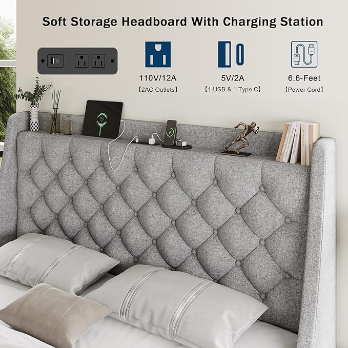 Full Size Bed Frame with 4 Storage Drawers, Giant Upholstered Wingback Headboard, Fast Charging Station, No Box Spring Needed, Noise-Free, Light Gray