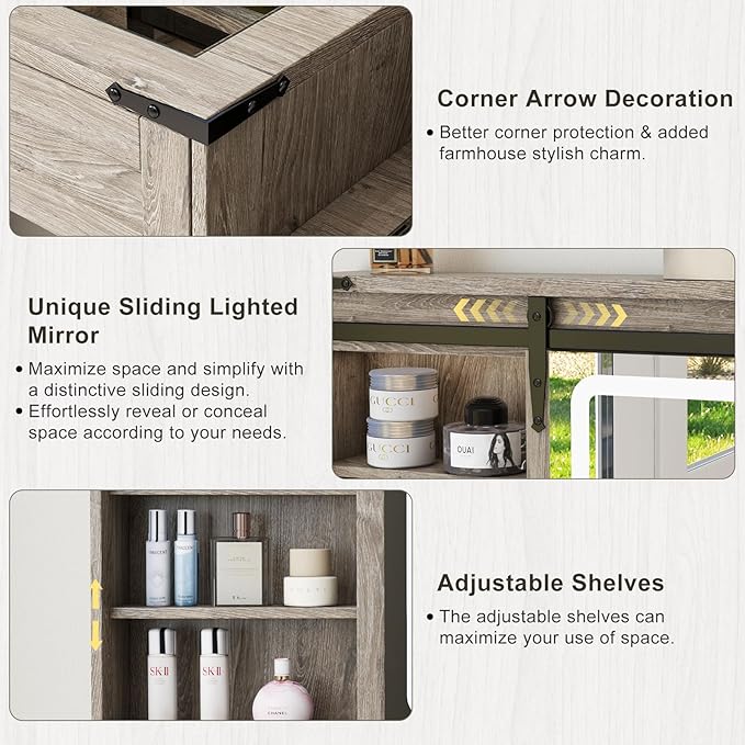 Farmhouse Makeup Vanity Desk with Sliding Mirror and Lights, 42" Glass Top Vanity Table with Charging Station & 4 Drawers & 2 Cabinets, Vintage Vanity Set for Bedroom, Driftwood Gray