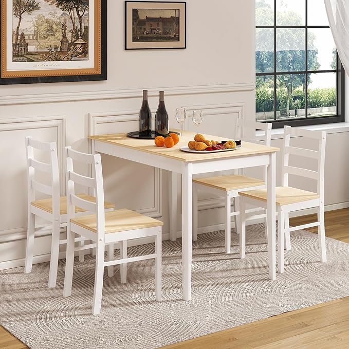 POWERSTONE Dining Table Set for 4, Kitchen Table Chairs Set of 4 with Rubber Wood Legs, Farmhouse 5 Piece Dining Table Set Solid Wood for Kitchen Dining Room Dinner (Natural)
