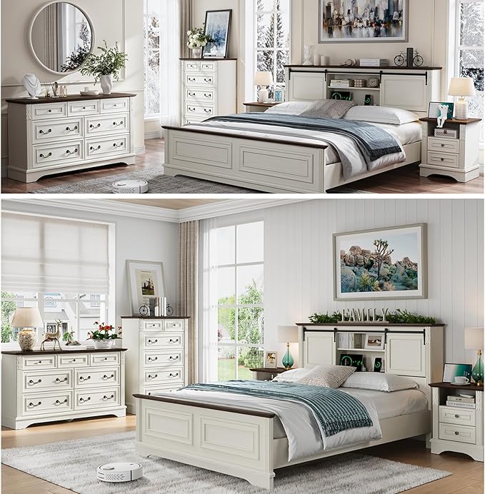 BLANKSPACE Antique White Dresser for Bedroom, Farmhouse 7 Chest of Drawers Cabinet Organizer with Carved Design