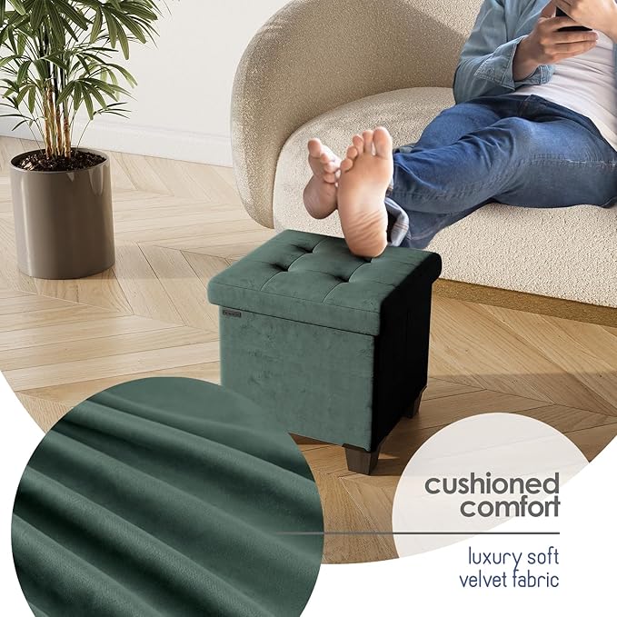 STORAGEBUD Storage Ottoman Cube with Small Bin, 15-in Square Ottoman with Storage for Living Room and Bedroom, Small Ottomans Foot Rest, Velvet Foot Stools Ottomans Max 330lbs, Green