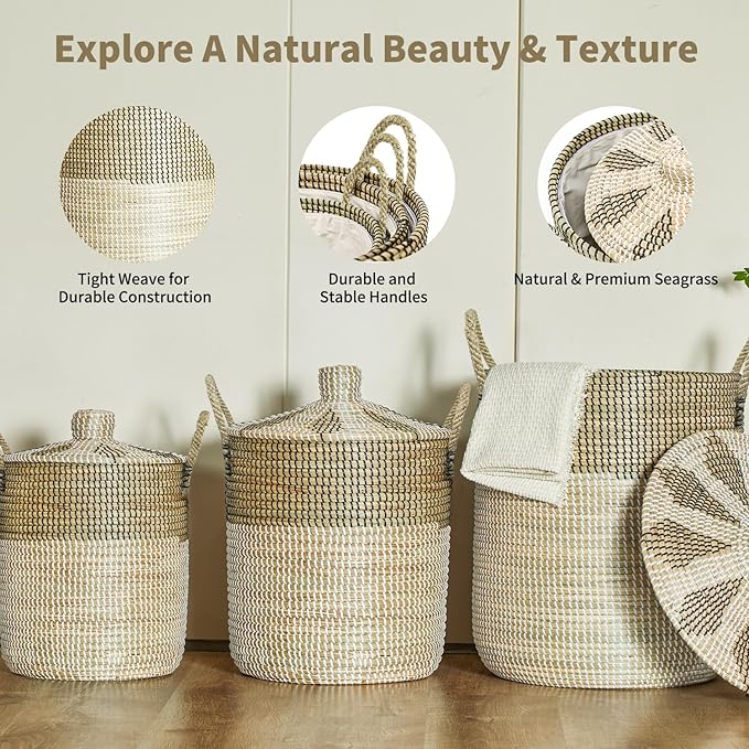 3 Pack Laundry Baskets Hamper, Seagrass Handwoven Storage Basket with Lid Handles, Natural Vietnamese Woven Decorative Wicker Clothes Hamper, Suitable for Any Home Style, Gifts for Friends