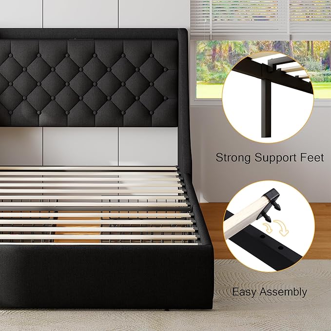 Twin Bed Frame with 4 Storage Drawers, Upholstered Modern Bed Frame with Wingback Headboard, Charging Station, No Box Spring Needed, Noise-Free, Black