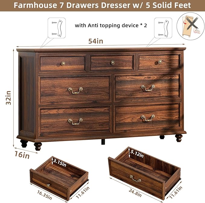 Farmhouse 54" 7 Drawers Dresser for Bedroom, Vintage Wood Chest of Drawers w/ 4 Wooden Legs, Wide Closet Storage Dressers Organizer for Hallway, Rustic Large TV Stand for Living Room, Brown