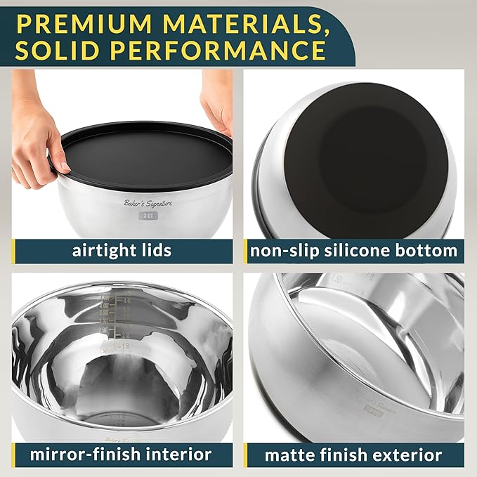 Stainless Steel Mixing Bowls with Lids Set, 5 Sizes, 3 Graters, Non-Slip Base, Airtight Lids, Metal Mixing Bowls for Kitchen, Food Prep, Storage, 0.63QT-5QT, Black