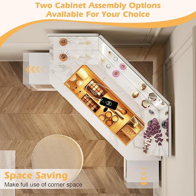 Corner Vanity Desk with 3 Way Mirror & LED Light, Fluted Makeup Vanity with Glass Top, Charging Station, Large Drawer & 2 Sliding Storage Cabinets with Human Sensor Light, White Marble