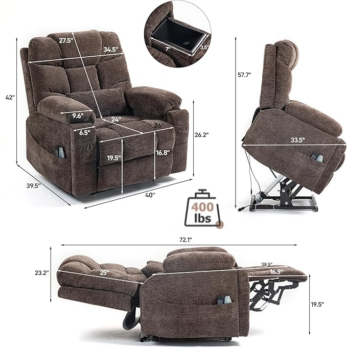 Oversized Lay Flat Power Lift Recliner Chair with Heat and Massage for Elderly, Infinite Position Heavy Duty Dual Motor Lift Chair 400 lbs with Cup Holder & Wireless Phone Charger