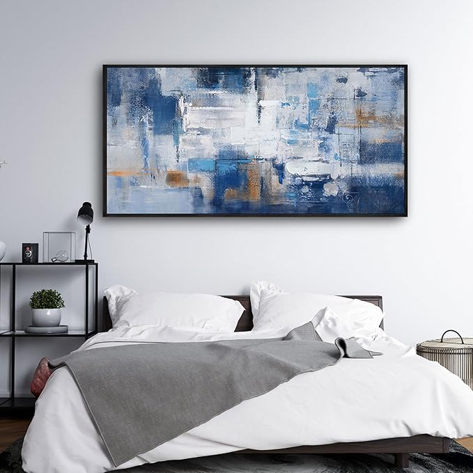 KLAKLA Navy Blue Abstract Canvas Wall Art - Black Frame Artwork Picture Living Room Wall Decor Modern Paintings Large Wall Art for Bedroom Home Decoration