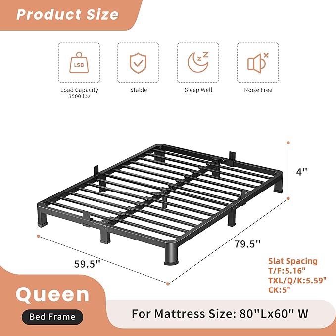 4 Inch Queen Heavy Duty 3500 lbs Bed Frame with Round-Corner Legs & Anti-Squeak Design – Quick Assembly Metal Platform, No Box Spring Needed