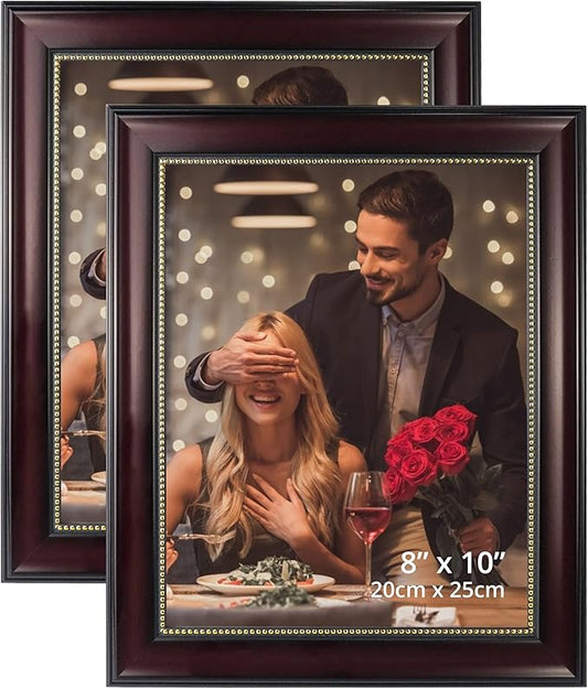 GraduatePro 8x10 Picture Frame for Tabletop Display and Wall Mounting Wooden 2 Pieces Mahogany with Gold Beaded Collage Brown