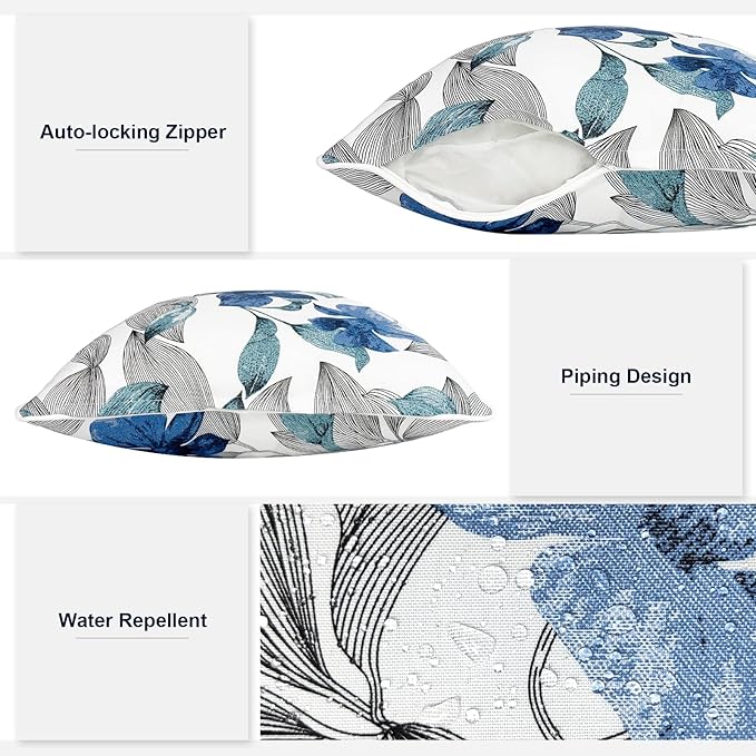 Outdoor Throw Pillows Inners, Fade Resistant Patio Furniture Square Pillows with Piping Set of 2, 18x18 Inch, Clemens Blue