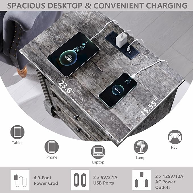 26" Tall Nightstand with Charging Station, Farmhouse 23.6" Wide Large End Table w/Roman Column, Wood Rustic Side Table w/Metal Handle, 3 Drawers Dresser for Bedroom, Living Room, Light Grey