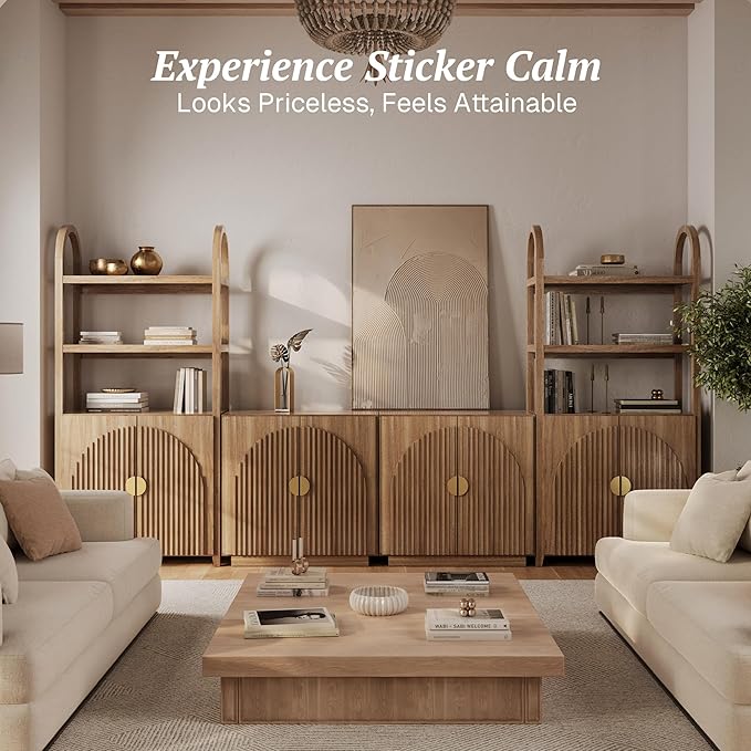 BELLEZE 3-Piece Arched TV Stand Entertainment Center with Storage, Mid Century Modern 2-Piece 72″ Tall Storage Cabinets and 65″ Fluted TV Console for Living Room(Caramel Brown)