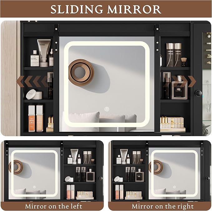 Makeup Vanity Desk with Sliding Mirror and Lights, Farmhouse Vanity Table Set with Power Outlet & RGB Cabinet, Dressing Table with Storage Drawers & Shelves for Kids Girls Women Bedroom, Black