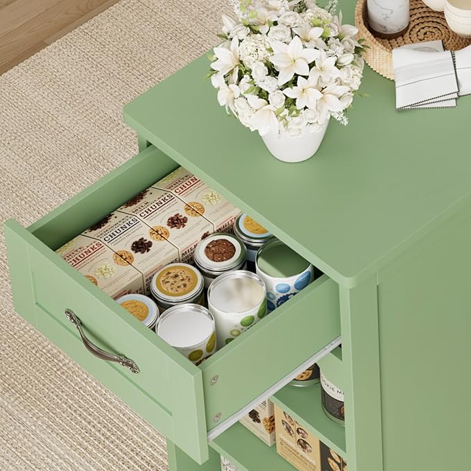 HOSTACK Kitchen Island Cart with Storage, 47'' Kitchen Storage Island on Wheels with 2 Drawer, Rolling Island Table with Adjustable Shelve, Mobile Buffet Sideboard Cabinet for Dining Room, Light Green