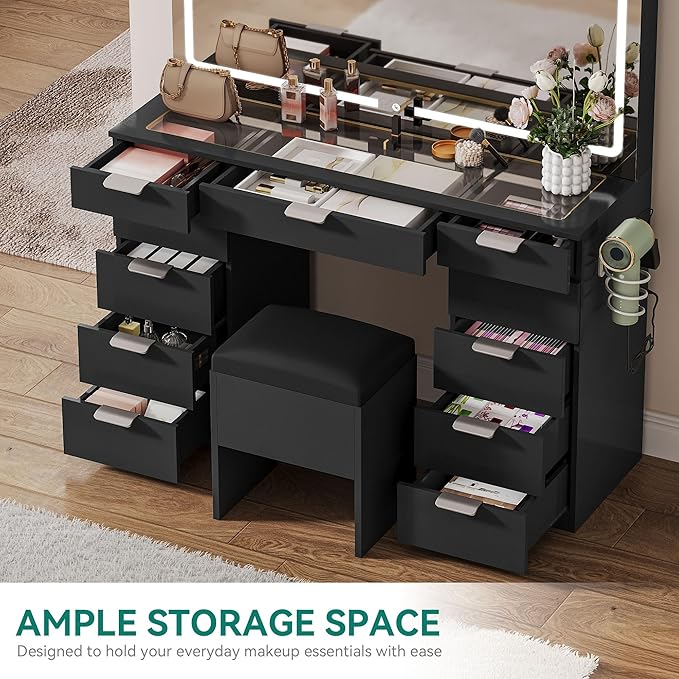 YITAHOME Lighted Vanity Table with Glass Top, 11 Drawers & Storage Stool, Makeup Desk with Smart Mirror, Touch LED Lights, Charging Ports & Hair Dryer Holder