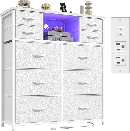 White Dresser for Bedroom with Charging Station and LED and 10 Fabric Drawers, Sturdy Tall Chest of Drawers with 2 Open Storage Shelves Storage Tower for Closet, Hallway