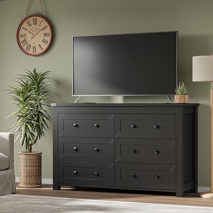 6-Drawer Dresser, Modern Wooden Storage Chest of Drawers, Dresser TV Stand, Wood Drawer Organizer with Metal Handles for Bedroom, Living Room, Hallway