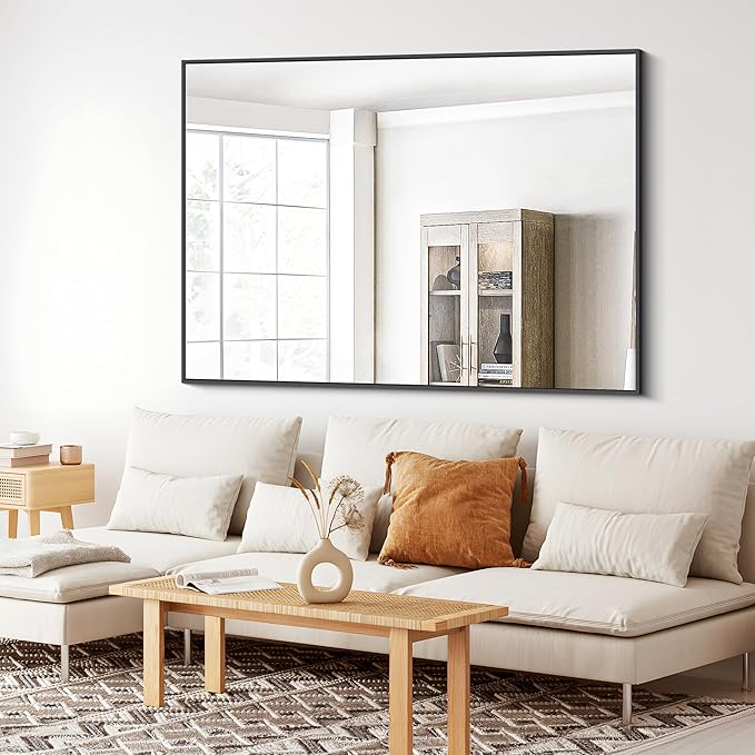 BONEWEI Bathroom Mirror,36x48 inch Large Wall Mirror for Bathroom Wall Mounted Black Rectangle Corner Mirrors,Black Bathroom Mirror for Living Room,Farmhouse,Bedroom Entryway,Horizontal/Vertical