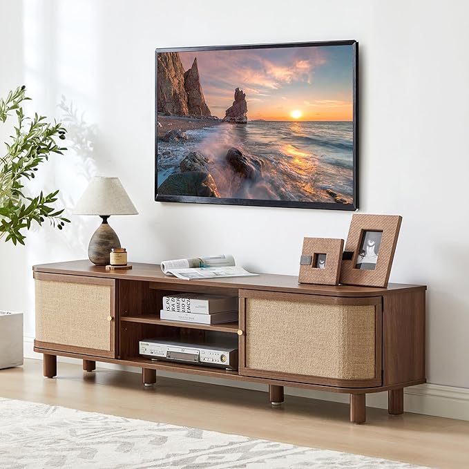 AVZEAR Curved Profile Farmhouse TV Stand for TVs Up to 70 Inches, Mid Century Modern Entertainment Center with Storage & Natural Linen Doors, Large Media Console for Living Room, Bedroom, Walnut