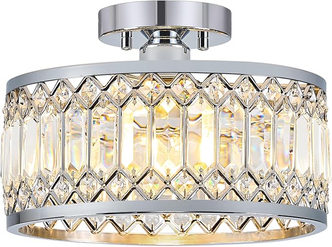 Crystal Chrome Ceiling Light, Modern Semi Flush Mount Ceiling Lighting Fixture, Round Hallway Lighting Fixtures for Entryway Kitchen Bedroom Laundry Room, 1-Light, 11.4 Inch