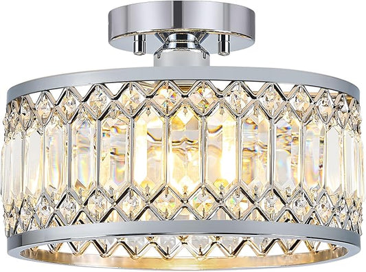 Crystal Chrome Ceiling Light, Modern Semi Flush Mount Ceiling Lighting Fixture, Round Hallway Lighting Fixtures for Entryway Kitchen Bedroom Laundry Room, 1-Light, 11.4 Inch