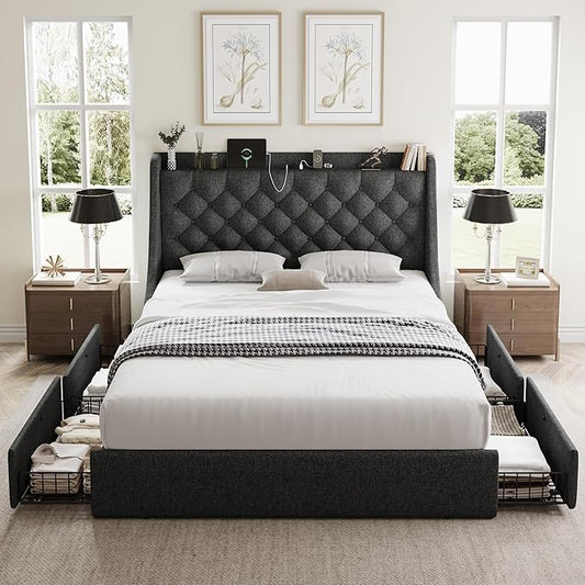 Full Size Bed Frame with 4 Storage Drawers, Giant Upholstered Wingback Headboard, Fast Charging Station, No Box Spring Needed, Noise-Free, Dark Grey