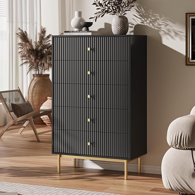 5 Drawer Dresser for Bedroom, Tall Dresser Chest of Drawers with Gold Handles, Wood Storage Cabinet for Bedroom, Black